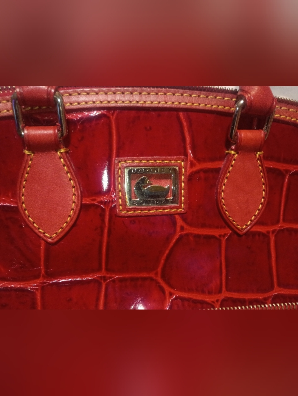 Dooney And Bourke Red Croc-Embossed Leather Satchel Handbag - Picture 7 of 9
